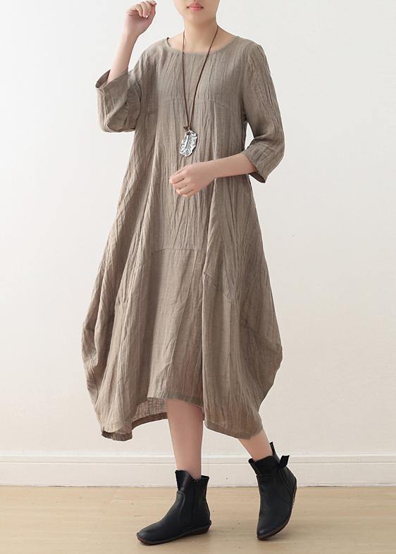 Simple Nude Linen Long Shirts O Neck Asymmetric Linen Robes Dresses