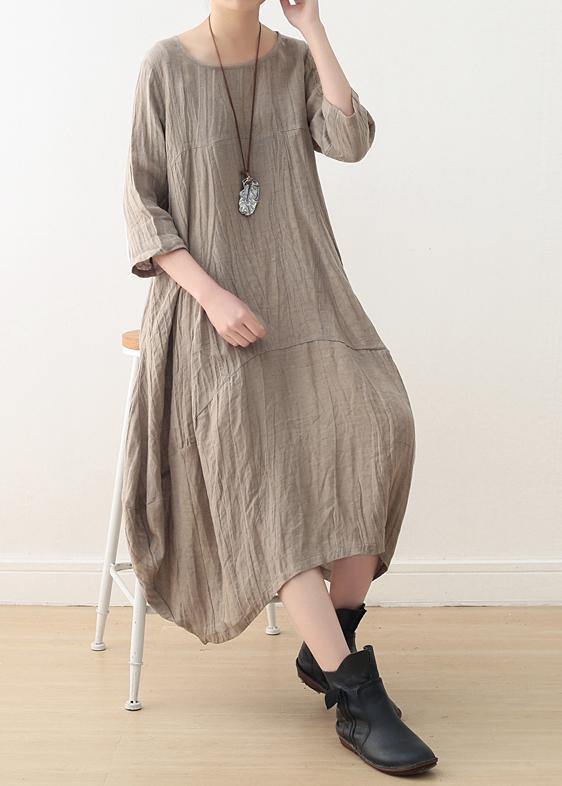 Simple Nude Linen Long Shirts O Neck Asymmetric Linen Robes Dresses