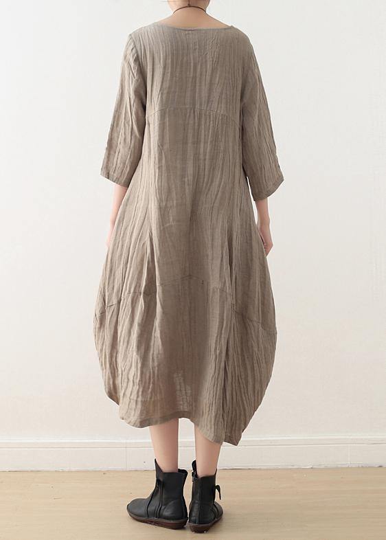 Simple Nude Linen Long Shirts O Neck Asymmetric Linen Robes Dresses