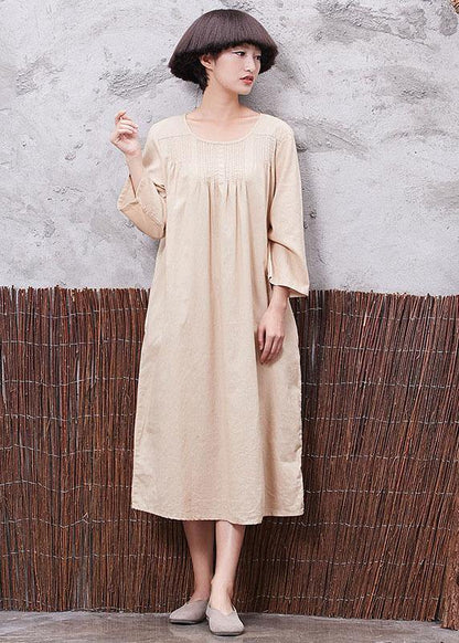 Simple Nude Linen Quilting Dresses Cinched Robe Summer Dress