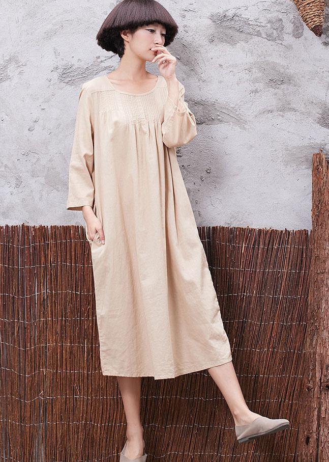 Simple Nude Linen Quilting Dresses Cinched Robe Summer Dress