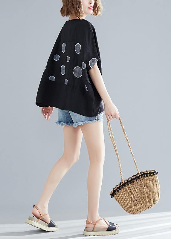 Simple O Neck Batwing Sleeve Cotton Clothes for Outfits Black Dotted Oversized Blouse Summer