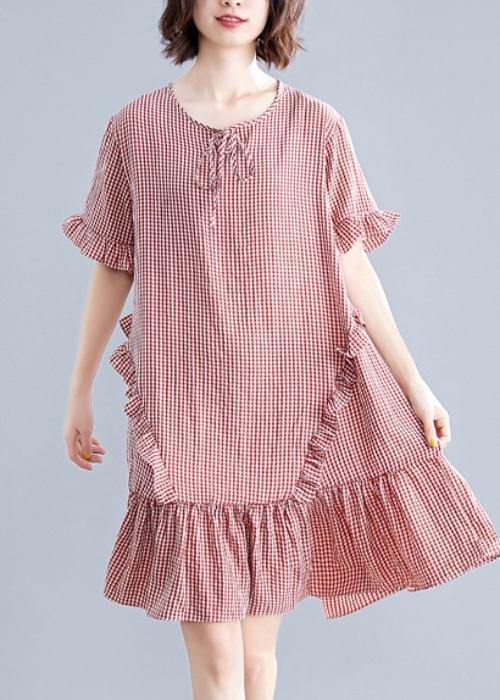 Simple O Neck Ruffles Cotton Clothes Inspiration Red Plaid Dress
