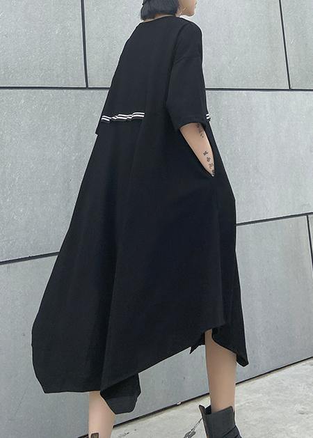 Simple O Neck Asymmetric Cotton Summer Clothes Work Black Dresses