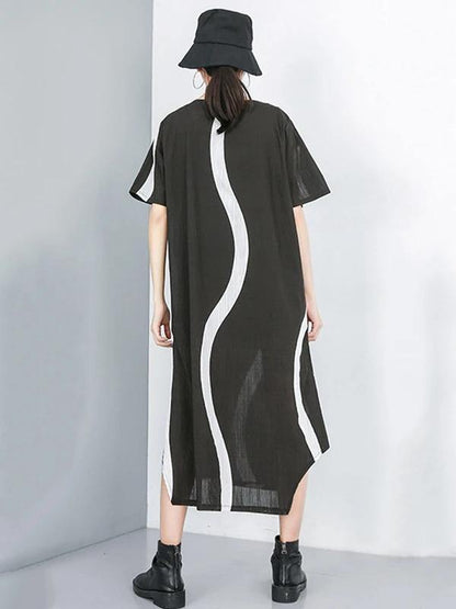 Simple O Neck Asymmetric Chiffon Dress Black Striped Dress