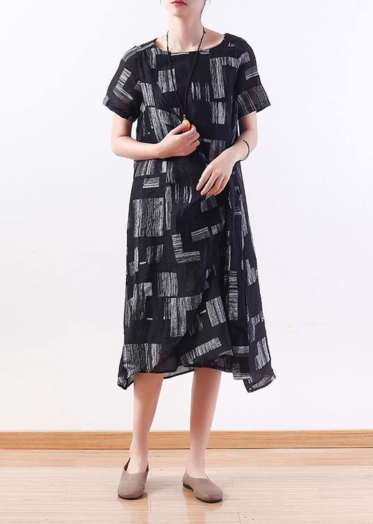 Simple O Neck Asymmetric Linen Dresses Black Print Dress