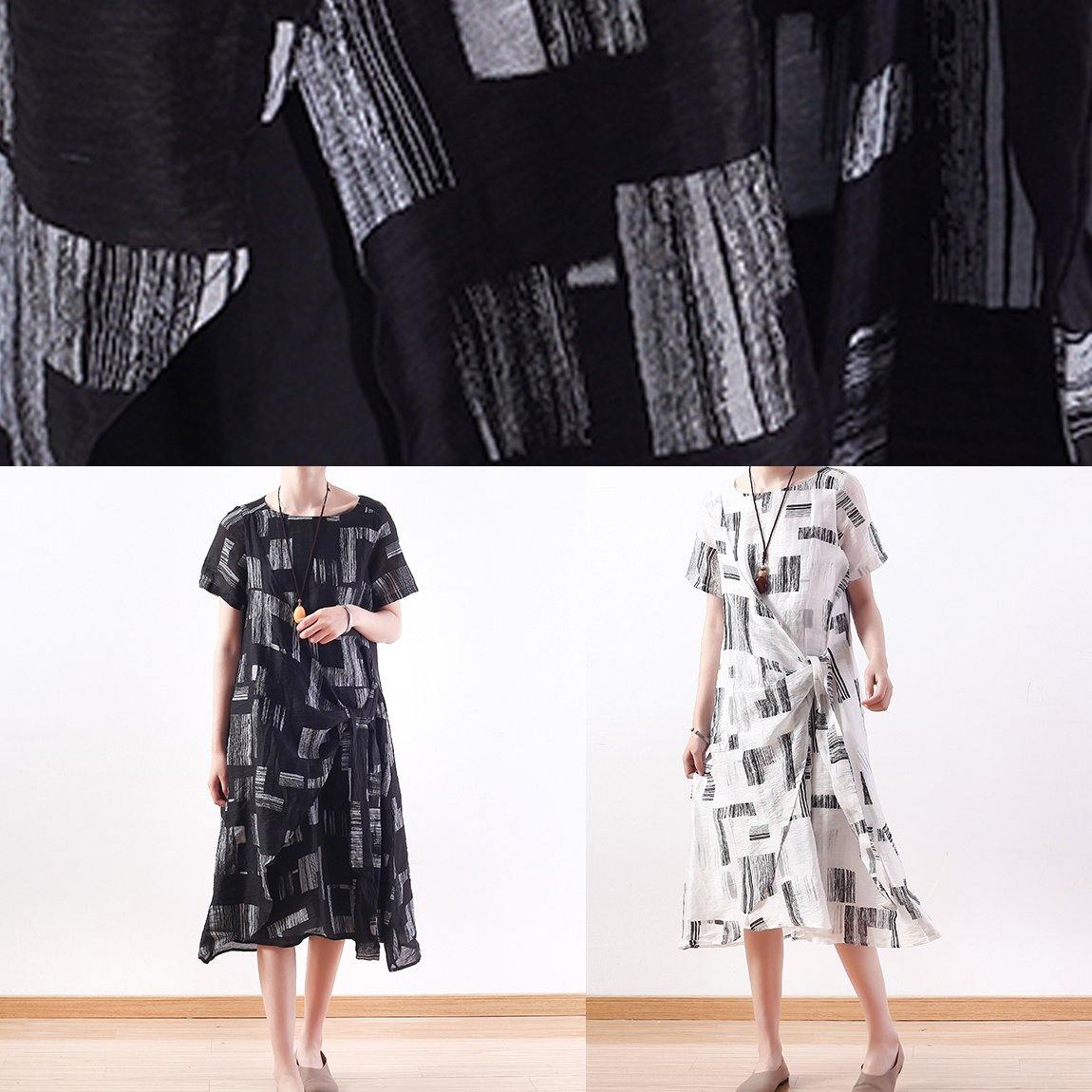 Simple O Neck Asymmetric Linen Dresses Black Print Dress