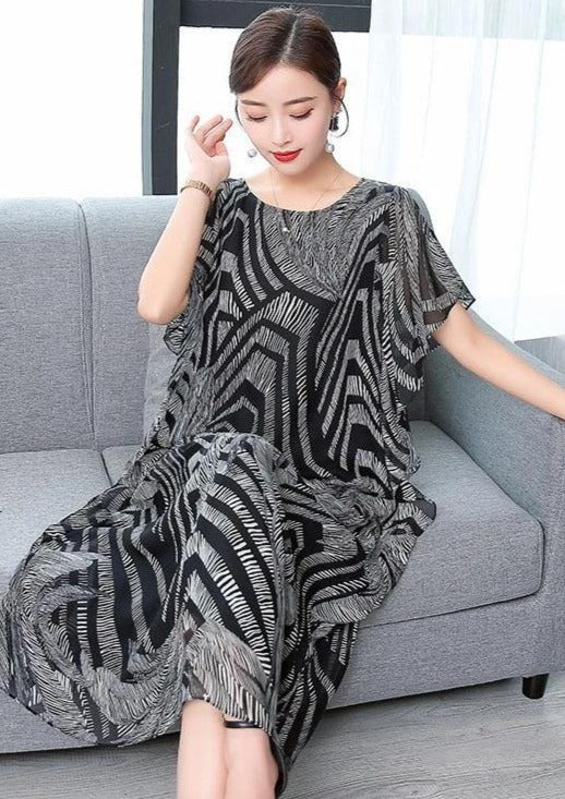 Simple O Neck Chiffon Wardrobes Sewing Black Print Kaftan Dress
