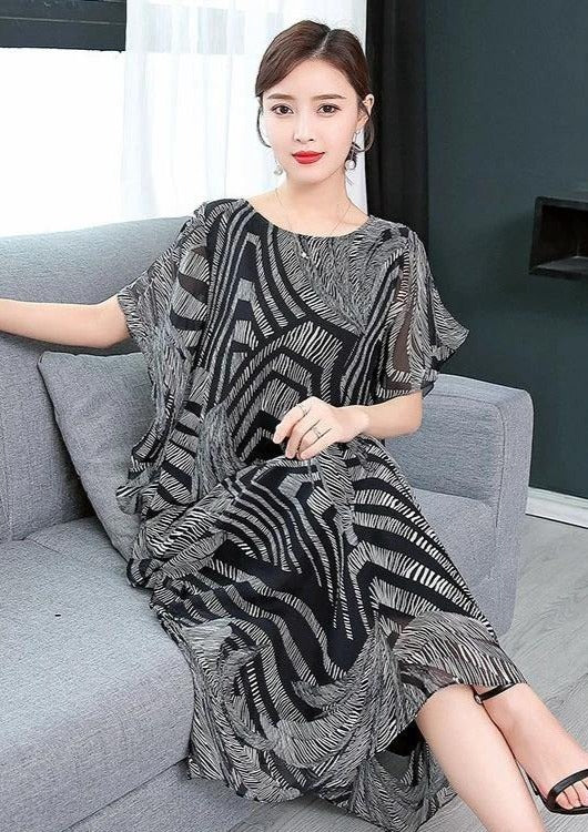 Simple O Neck Chiffon Wardrobes Sewing Black Print Kaftan Dress