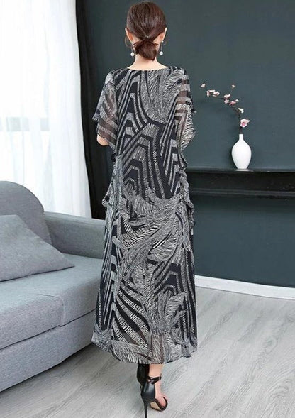Simple O Neck Chiffon Wardrobes Sewing Black Print Kaftan Dress