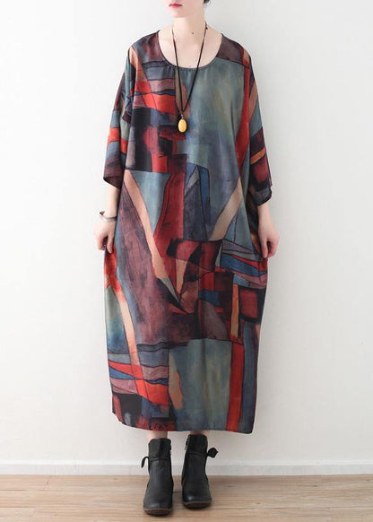 Simple O Neck Chiffon Clothes Outfits Red Green Patchwork Color Robe Dresses Summer