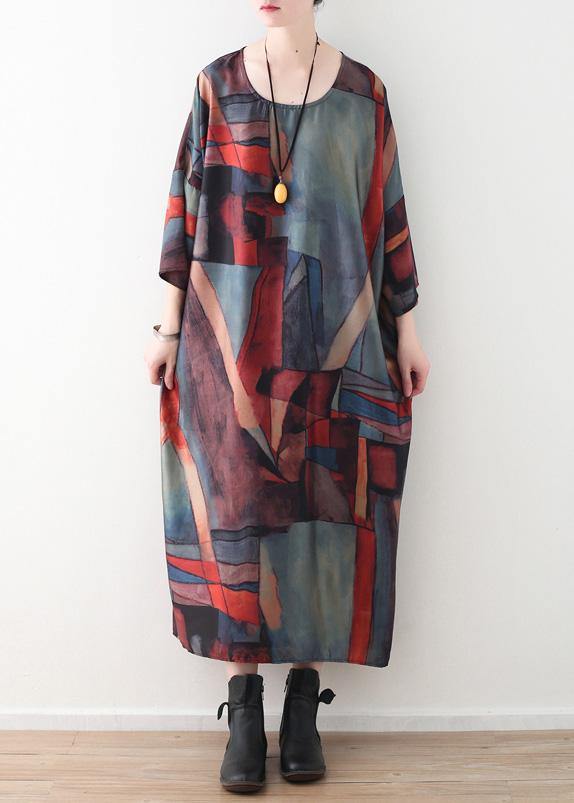 Simple O Neck Chiffon Clothes Outfits Red Green Patchwork Color Robe Dresses Summer