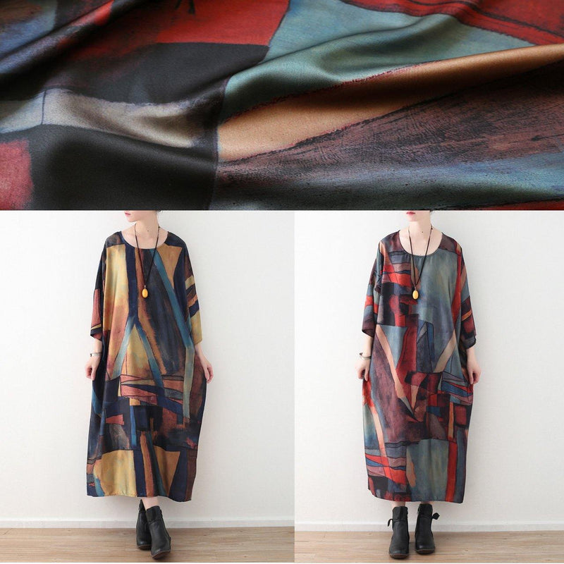 Simple O Neck Chiffon Clothes Outfits Red Green Patchwork Color Robe Dresses Summer