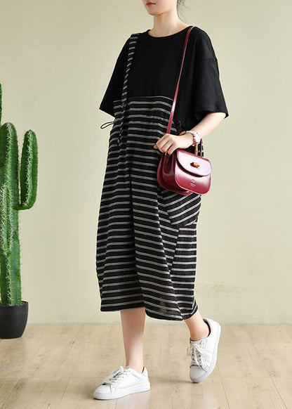 Simple O Neck Clothes Runway Black Patchwork Striped Maxi Dress