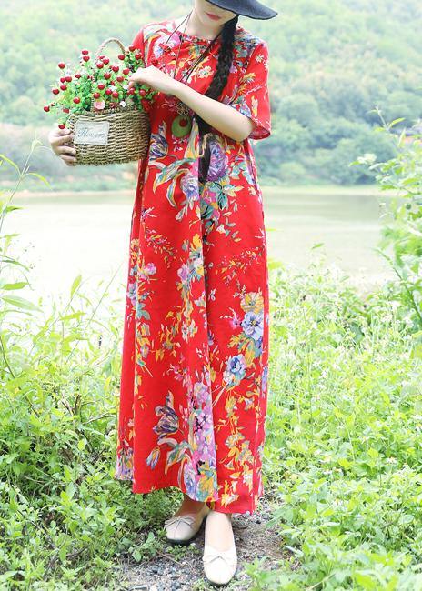 Simple O Neck Cotton Wardrobes Sewing Red Prints Traveling Dresses Summer