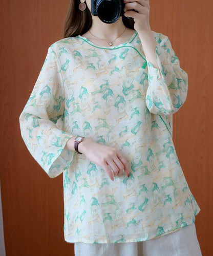 Simple o neck half sleeve clothes Tutorials green print top