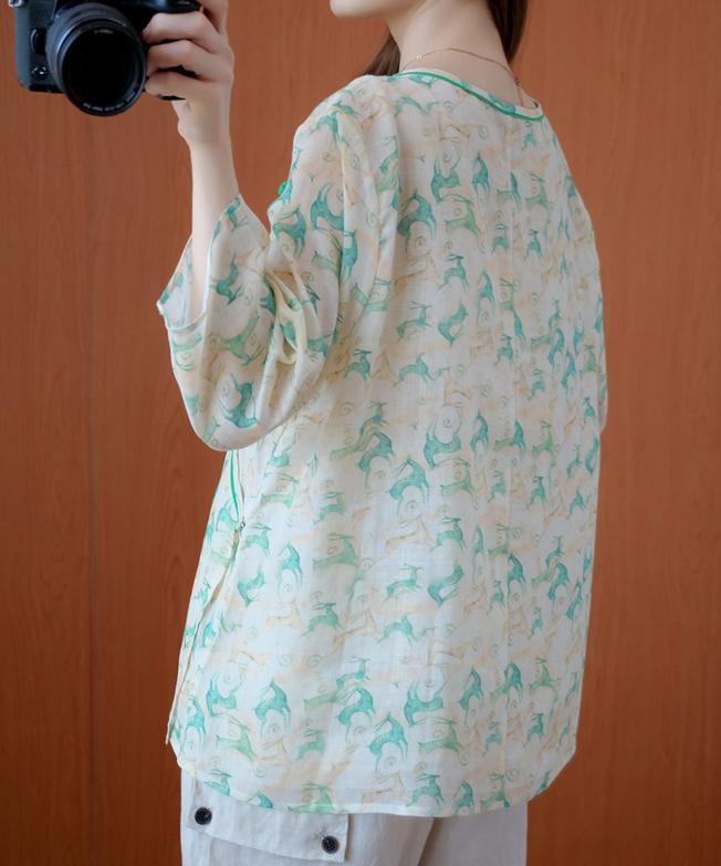 Simple o neck half sleeve clothes Tutorials green print top