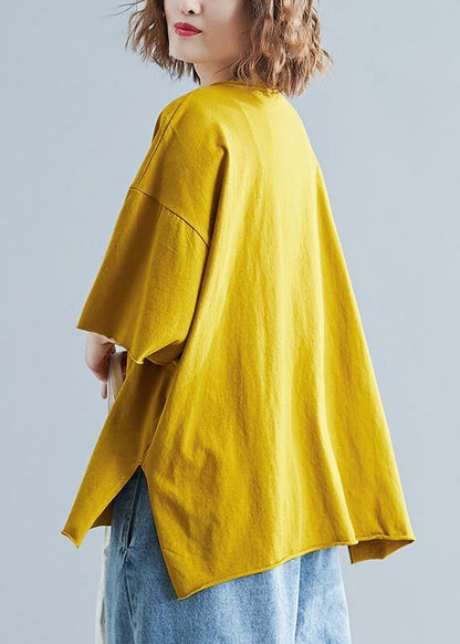 Simple O Neck Half Sleeve Cotton Summer Top Silhouette Yellow Shirt