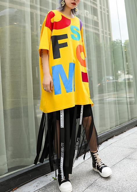 Simple O Neck Half Sleeve Cotton Top Neckline Yellow Print Blouse Summer