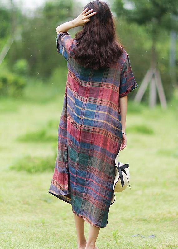 Simple O Neck Half Sleeve Linen Summer Dresses Photography Plaid Dress