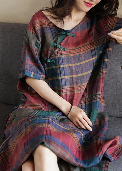 Simple O Neck Half Sleeve Linen Summer Dresses Photography Plaid Dress