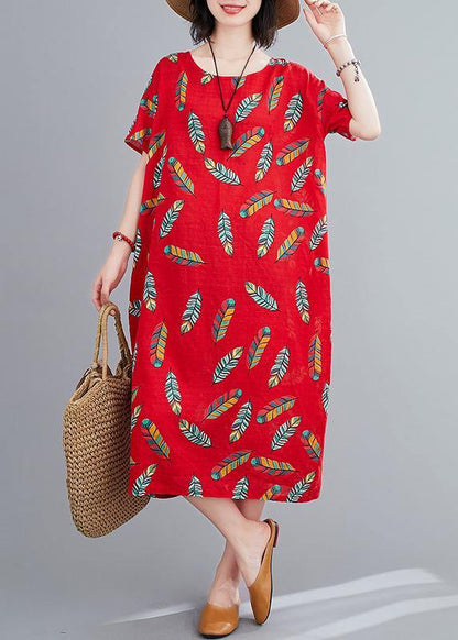 Simple O Neck Linen Clothes for Runway Red Feather Print Dresses