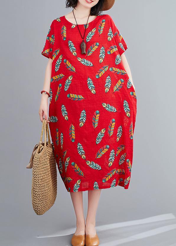 Simple O Neck Linen Clothes for Runway Red Feather Print Dresses