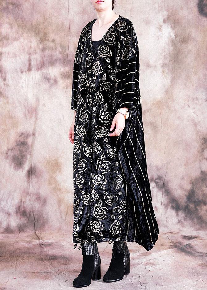 Simple O Neck Patchwork Tunics Inspiration Black Large Print Maxi Dresses Fall