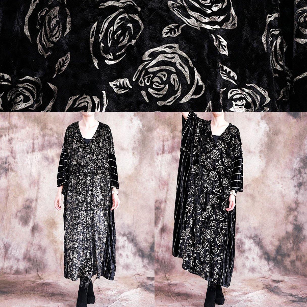 Simple O Neck Patchwork Tunics Inspiration Black Large Print Maxi Dresses Fall