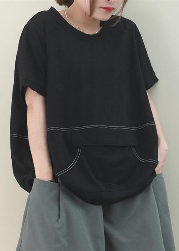 Simple O Neck Patchwork Cotton Tunic Work Outfits Black Blouse