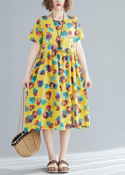 Simple O Neck Patchwork Cotton Wardrobes Fitted Photography Yellow Print Cotton Dresses Summer