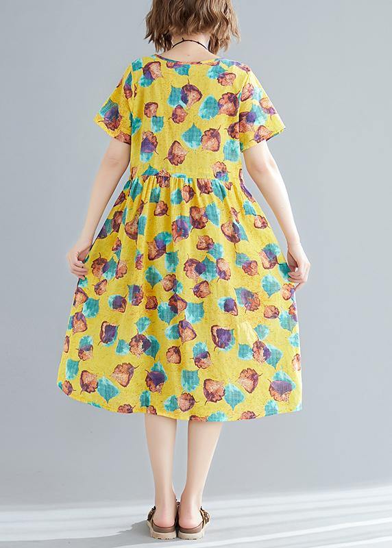 Simple O Neck Patchwork Cotton Wardrobes Fitted Photography Yellow Print Cotton Dresses Summer