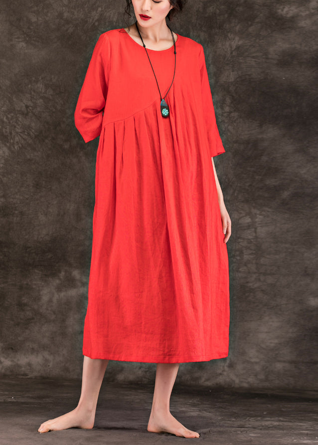 Simple O Neck Patchwork Linen Robes 18th Century Shape Orange Dresses Summer