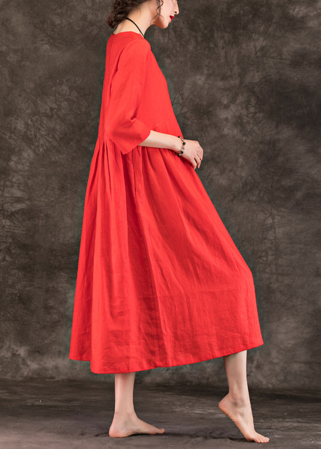 Simple O Neck Patchwork Linen Robes 18th Century Shape Orange Dresses Summer