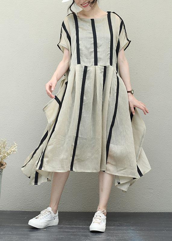 Simple O Neck Patchwork Chiffon Clothes for Design Khaki Striped Dresses