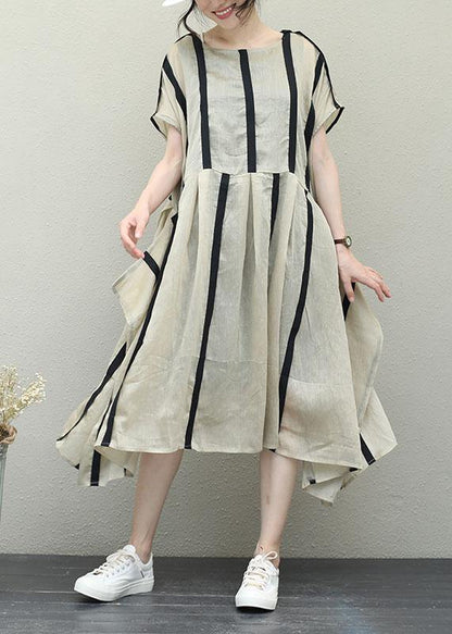 Simple O Neck Patchwork Chiffon Clothes for Design Khaki Striped Dresses