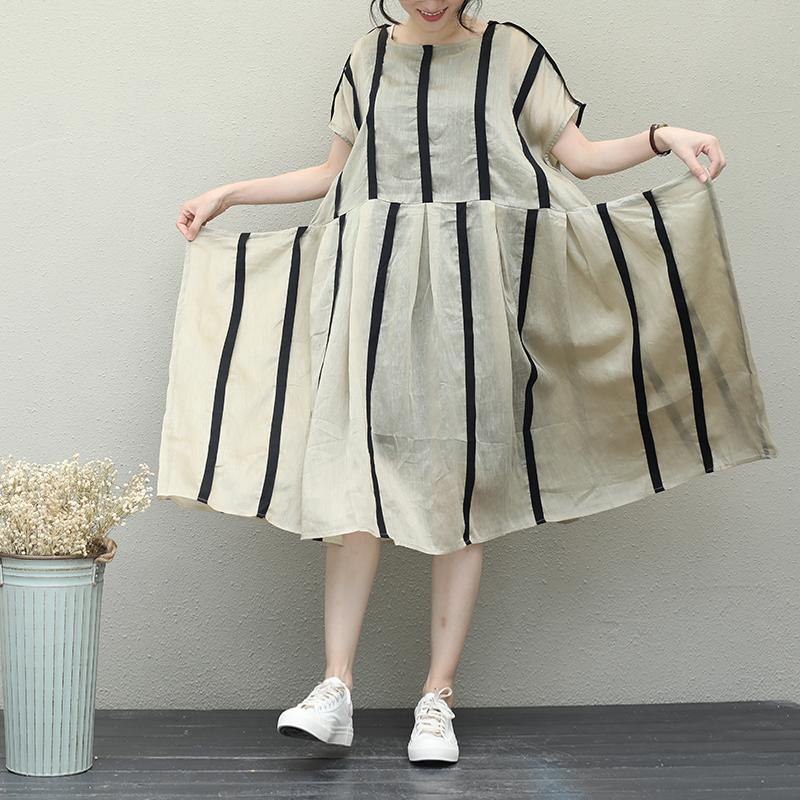 Simple O Neck Patchwork Chiffon Clothes for Design Khaki Striped Dresses
