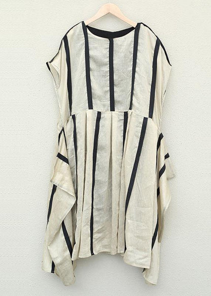 Simple O Neck Patchwork Chiffon Clothes for Design Khaki Striped Dresses