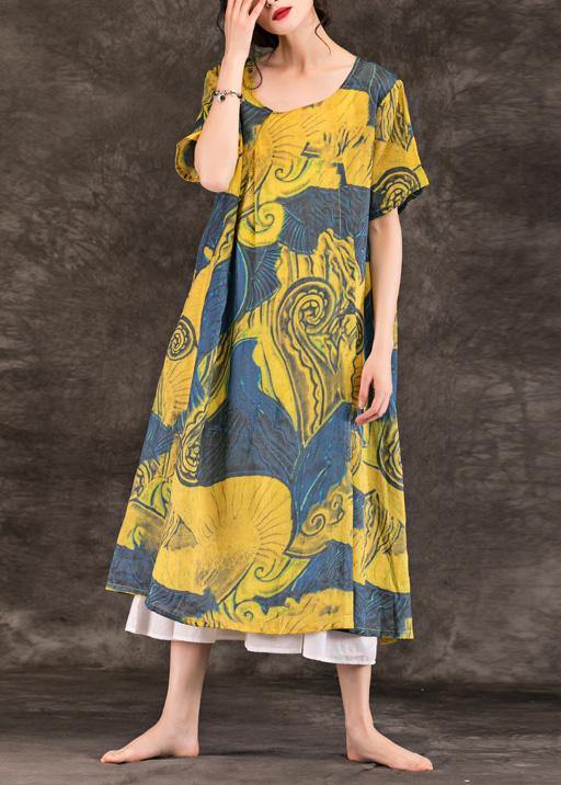Simple O Neck Patchwork Linen Dress Photography Yellow Print Dresses Summer
