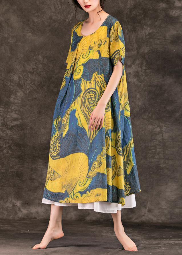 Simple O Neck Patchwork Linen Dress Photography Yellow Print Dresses Summer