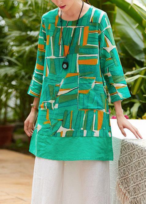 Simple O Neck Patchwork Pockets Linen Tunic Pattern Christmas Gifts Green Print Blouse Summer