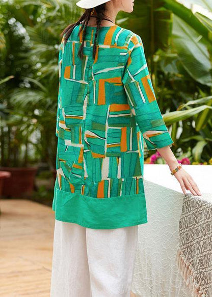 Simple O Neck Patchwork Pockets Linen Tunic Pattern Christmas Gifts Green Print Blouse Summer