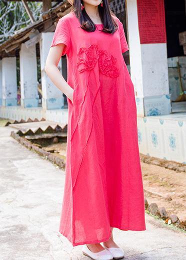 Simple O Neck Pockets Cotton Linen Dresses Pattern Red Dress Summer