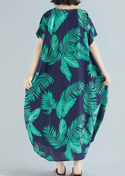 Simple O Neck Pockets Linen Cotton Quilting Clothes Runway Blue Print Dress Summer
