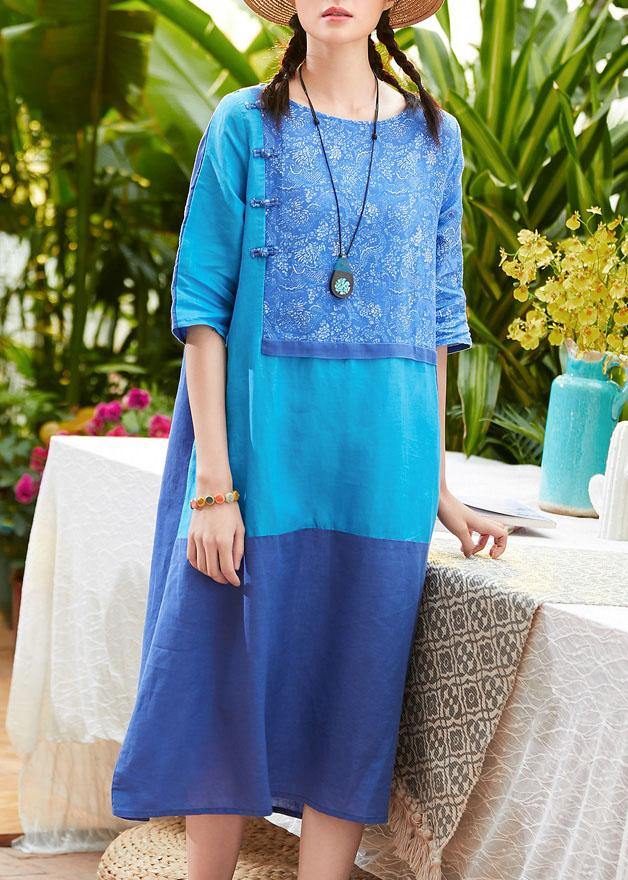 Simple O Neck Pockets Linen Dresses Design Blue Print Dress Summer