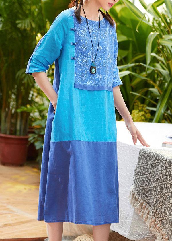 Simple O Neck Pockets Linen Dresses Design Blue Print Dress Summer