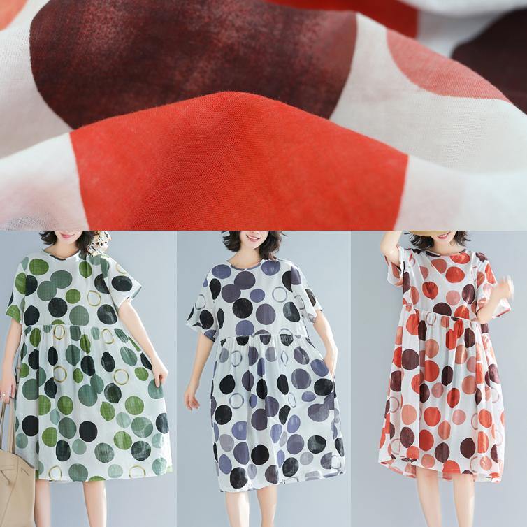 Simple O Neck Short Sleeve Linen Clothes Pakistani Shirts Blue Dotted Daily Dress Summer