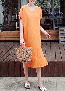 Simple O Neck Side Open Cotton Wardrobes Photography Orange Dress