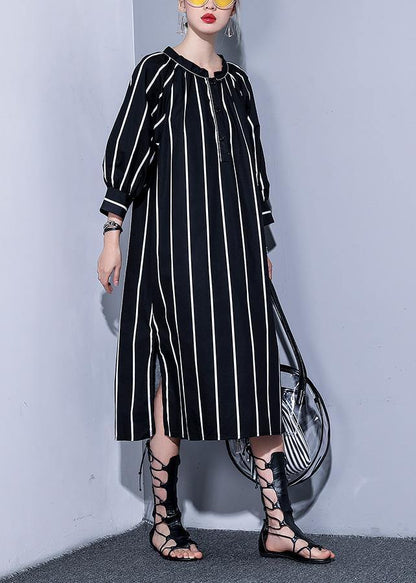 Simple O Neck Side Open Tunics Black Striped Cotton Robes Dress Summer