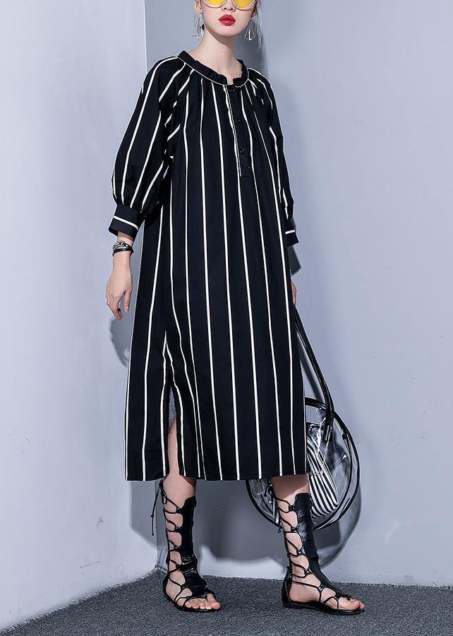 Simple O Neck Side Open Tunics Black Striped Cotton Robes Dress Summer